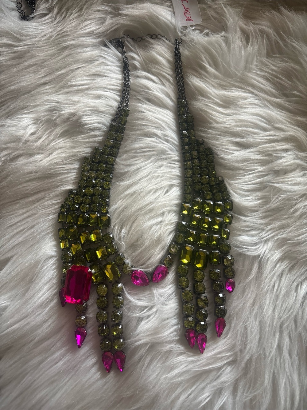 Betsey Johnson Olive Green and Hot Pink Crystal Fringe Necklace